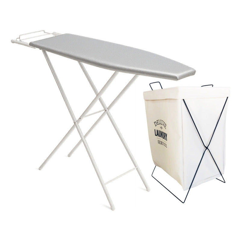 Cesto Para Ropa + Tabla De Planchar Aluminizada Posa Plancha Color Gris Combo