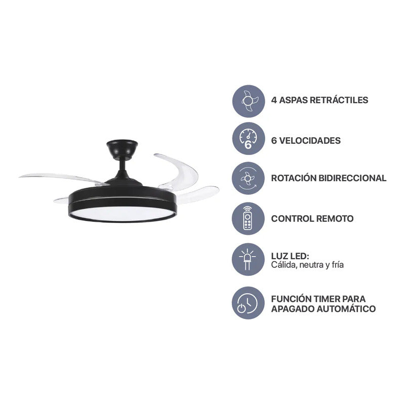 Ventilador De Techo Retráctil Negro Luz Led Control Remoto 1.06 M 50/60 Negro Acrilico Plástico 4