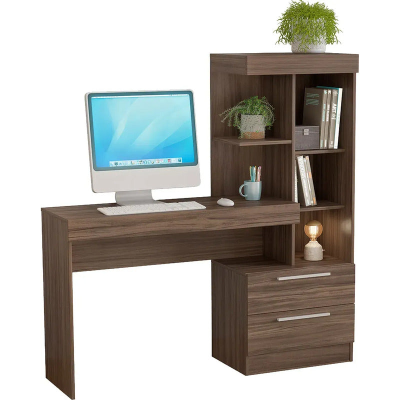 Escritorio Mesa De Computación Con Biblioteca Exahome Flex Nogal