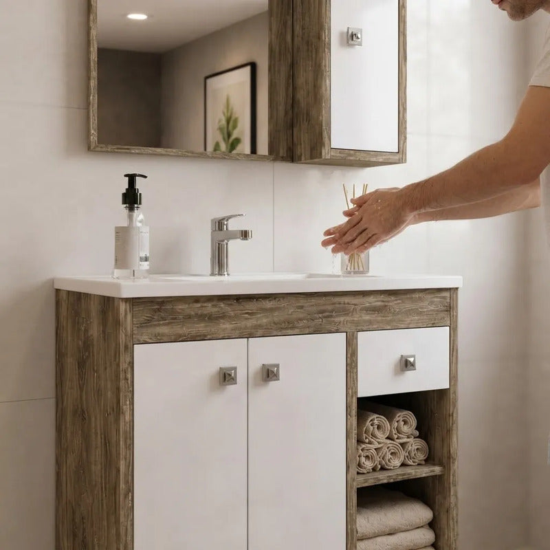 Vanitory 80cm Premium Con Bacha Y Espejo Exahome Exclusivo Blanco Sin Agujeros