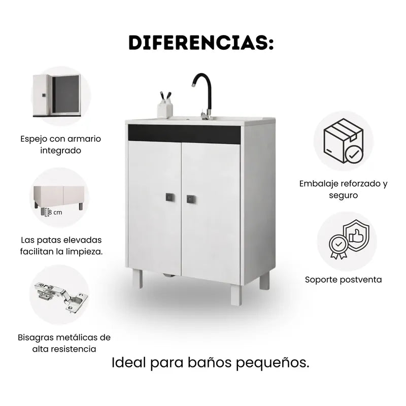 Vanitory 60cm Premium Con Bacha Y Espejo Exahome Exclusivo Blanco Sin Agujeros