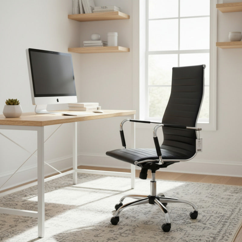 Silla De Oficina Exahome Aluminium Eames Ergonómica Negro Cuero Sintético