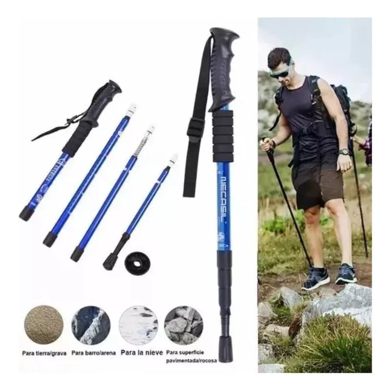 Baston De Trekking Plegable Telescópico Aluminio 65-135cm Azul