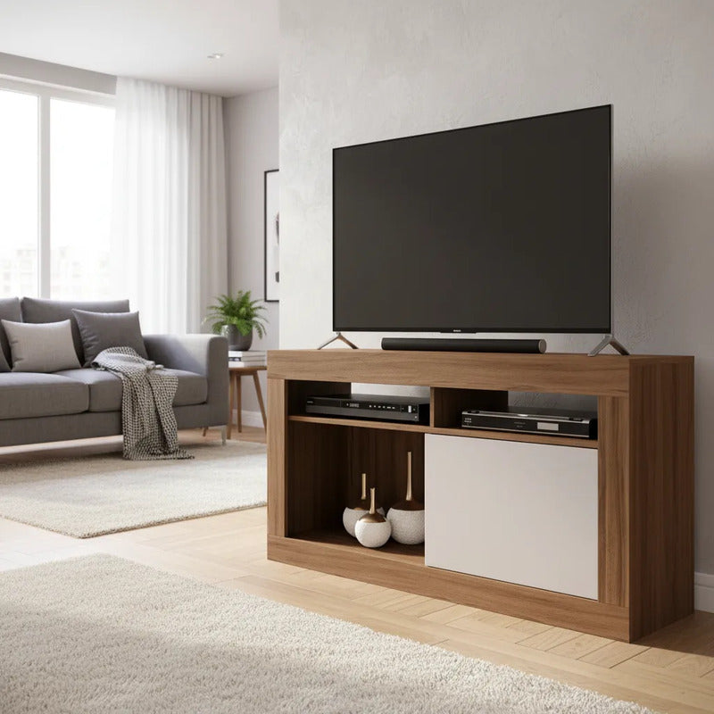 Rack Tv Premium Exahome 50 Pulgadas Mdp Puerta Corrediza Nogal/blanco